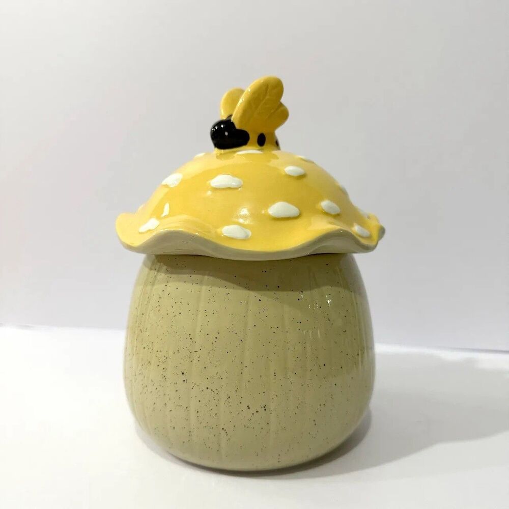 Mushroom Cookie Jar Bubble Bee Yellow cover with white spots